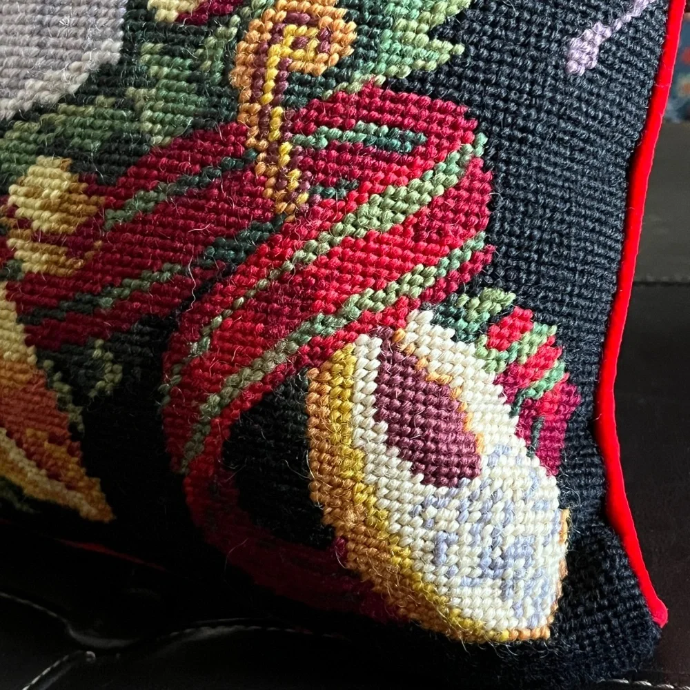 Christmas Angel Musical Instrument Pillow WOOL NEEDLEPOINT, RED velvet 14 x 14
